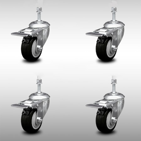 Service Caster 3 Inch SS Black Polyurethane 10mm Threaded Stem Caster Set Total Lock Brake SCC-SSTSTTL20S314-PPUB-BLK-M1015-4